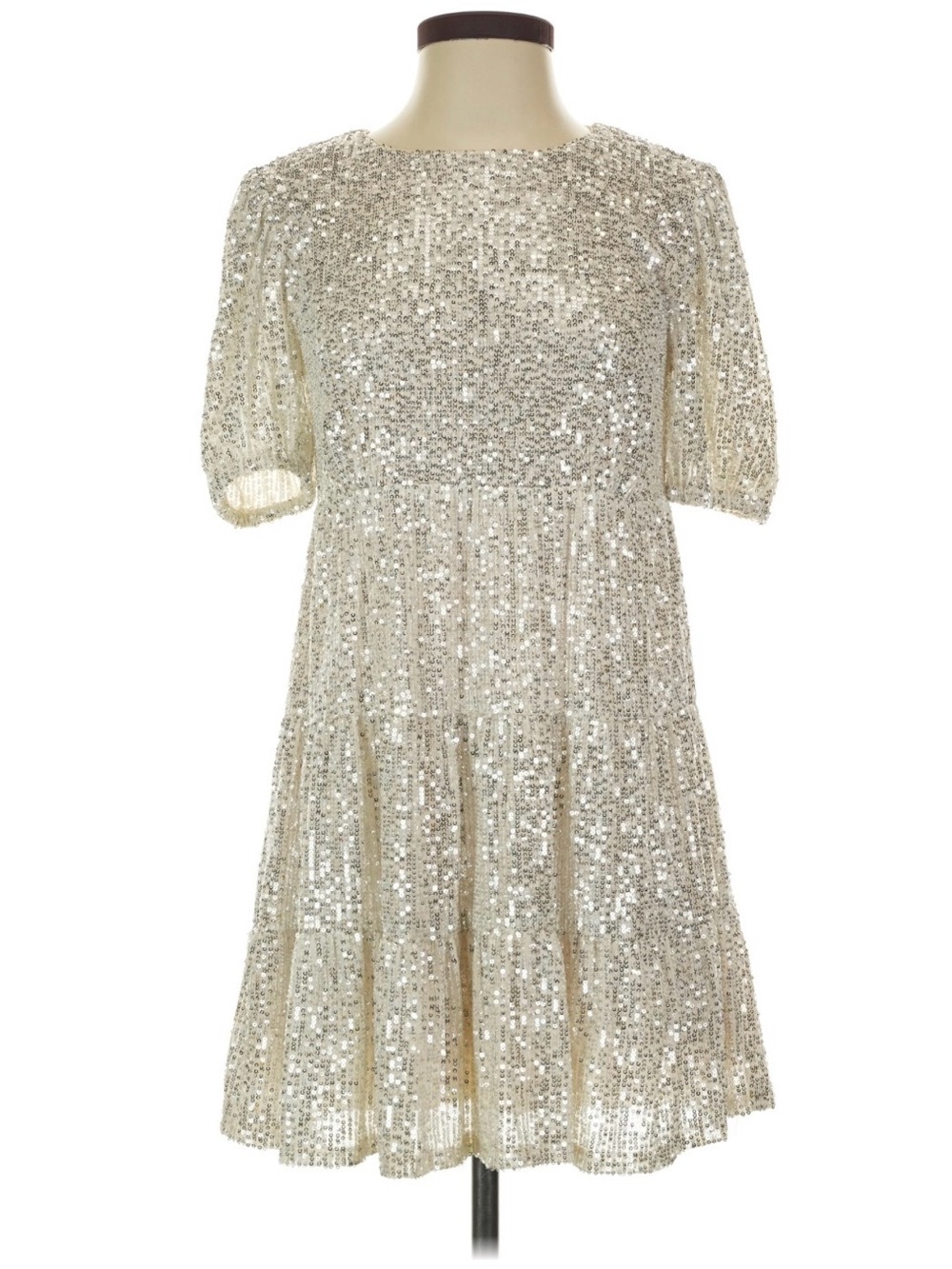 Speechless Sequin Dress M Champagne Silver Puff Sleeve